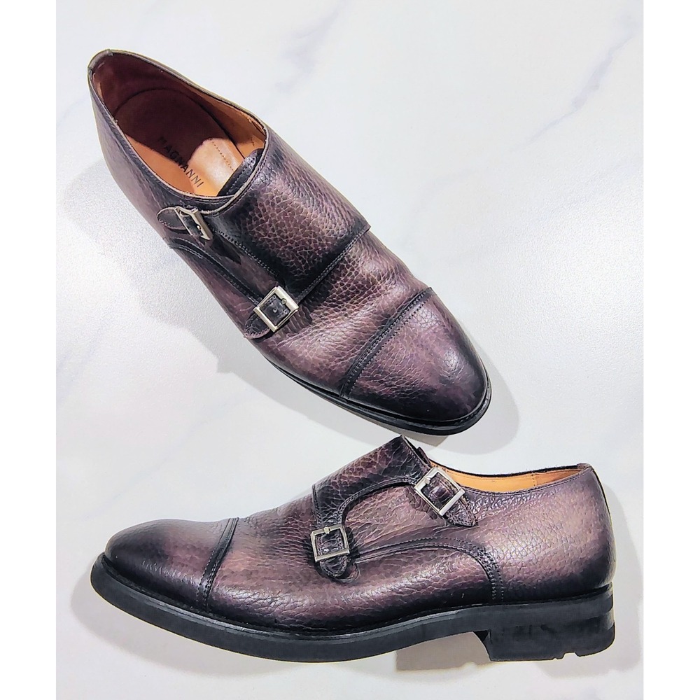 Magnanni Mens Monk Strap Dress Shoes 9.5M Dark Gray Burnished Leather Extralight
